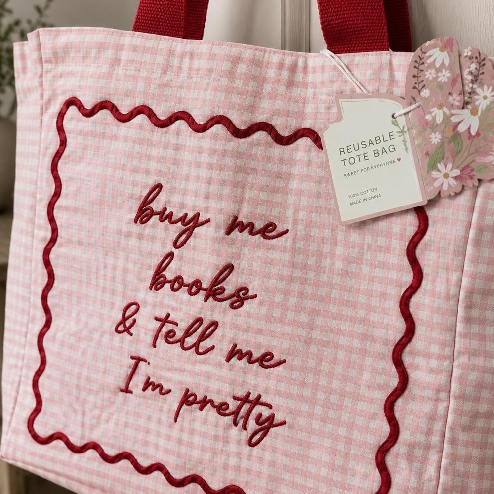 Buy Me Books & Tell Me I'm Pretty Canvas Tote Bag Red Gingham Check Embroidered